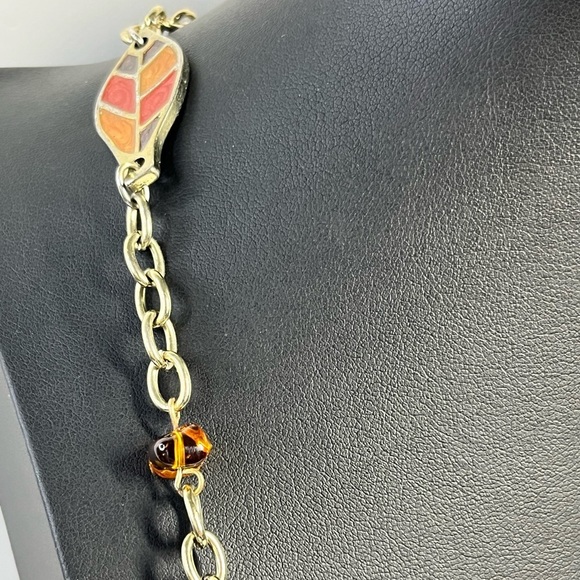 Earth Tone Leaves Beaded Golden Chain Necklace 32-35" - Picture 3 of 8